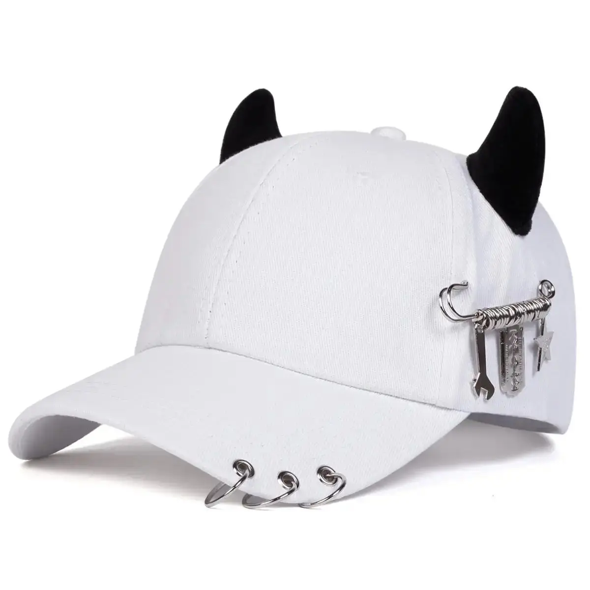 Gothic Devil Horn Baseball Cap – Unisex Black Snapback Hat with Metal Rings for Y2K Streetwear Style