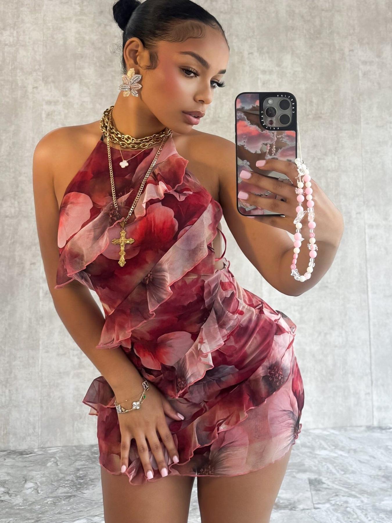 Women's Summer Strapless Belted Dress, Hip Frill Decoration, Fashionable Sexy Party Mini Dress, Sleeveless Floral Print, Slim-Fitting, Elegant Romantic Dress