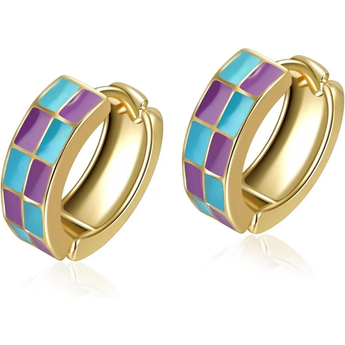 Chic Checker Small Hoop Cartilage Earrings Teacher Earrings for Women；White Black Enamel Hypoallergenic Hooped Gifts Gold and Silver tone