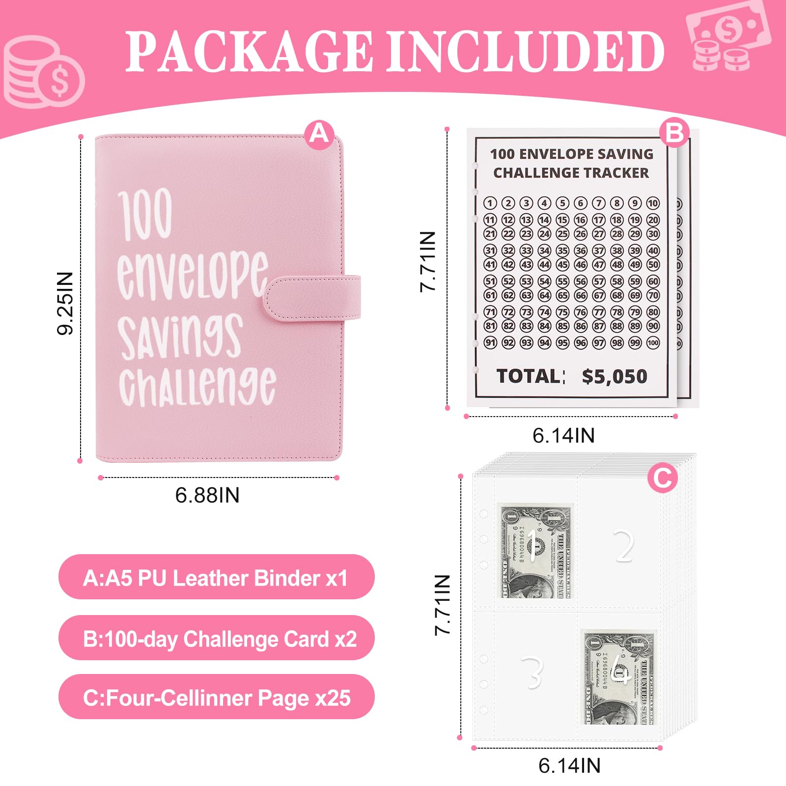 100 Envelopes Money Saving Challenge - A5 Money Saver Budget Binder Book with Cash Envelopes and Numbers, 100-Days of Easy and Funny Ways to Save $5,050 Cash Envelope Challenge Binder, Pink