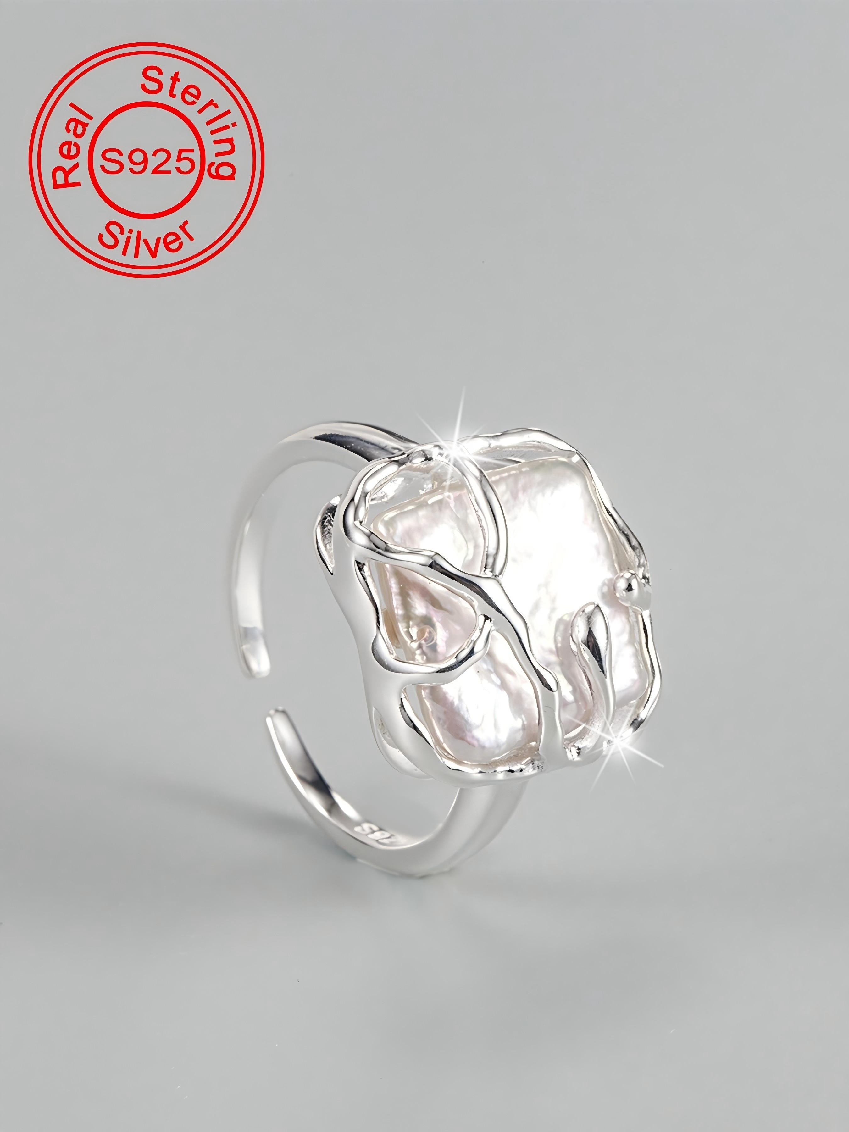 S925 Sterling Silver Fashion Vintage Square Shaped Baroque Pearls Ring, Elegant Everyday Ring, Elegant Jewelry for Women, Trendy All-match & Exquisite Jewelry for Birthday Gift, Vintage Rings Jewelry