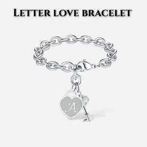 Personalized Initial Heart & Key Charm Bracelet - Adjustable Size, Unisex, Durable & Lightweight, Perfect for Birthday, Graduation, Easter Gifts