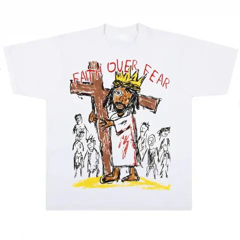 Men's Christian Bold Faith Over Fear Grunge Cotton Graphic Tee - Short-Sleeve, Fitted, Crew Neck, All Over Print, Casual Streetwear Christian Clothing, Men's Clothes, Size M