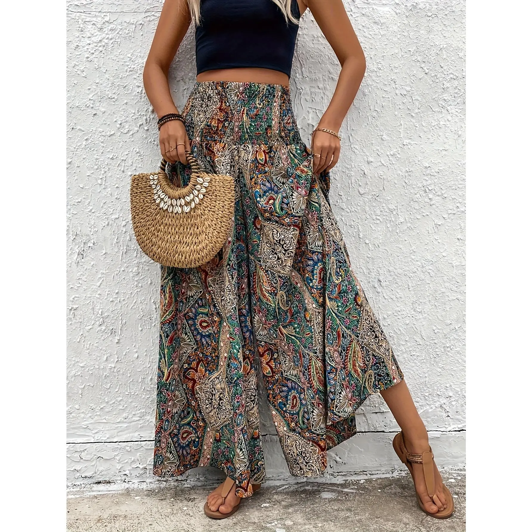 Directed Bohemian Paisley Elastic Waist Pants Skirt Casual Loose Wide Leg Pants