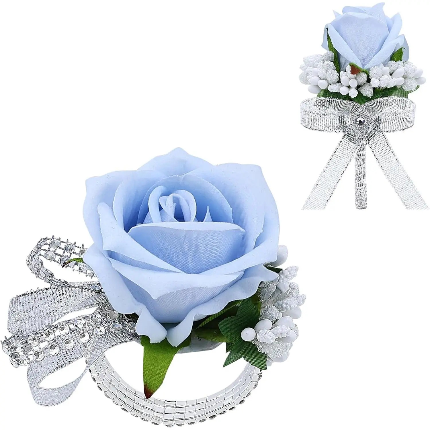 2Pcs Light Blue Rose Corsage and Boutonniere Set, Artificial Wrist Corsage Wristlet Bracelets, Men Boutonniere for Wedding Party Homecoming Formal Dinner Flowers Accessories Prom Suit Decor