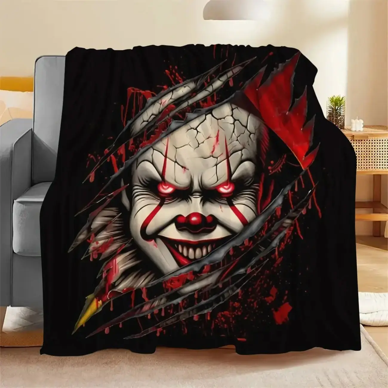 Pennywise Clown Horror Flannel Blanket, IT Movie Graphic Throw, Super Soft Cozy Throw, Adult Flannel Blanket, Kids Flannel Blanket, Plush Sofa Bed Travel Horror Fan Gift