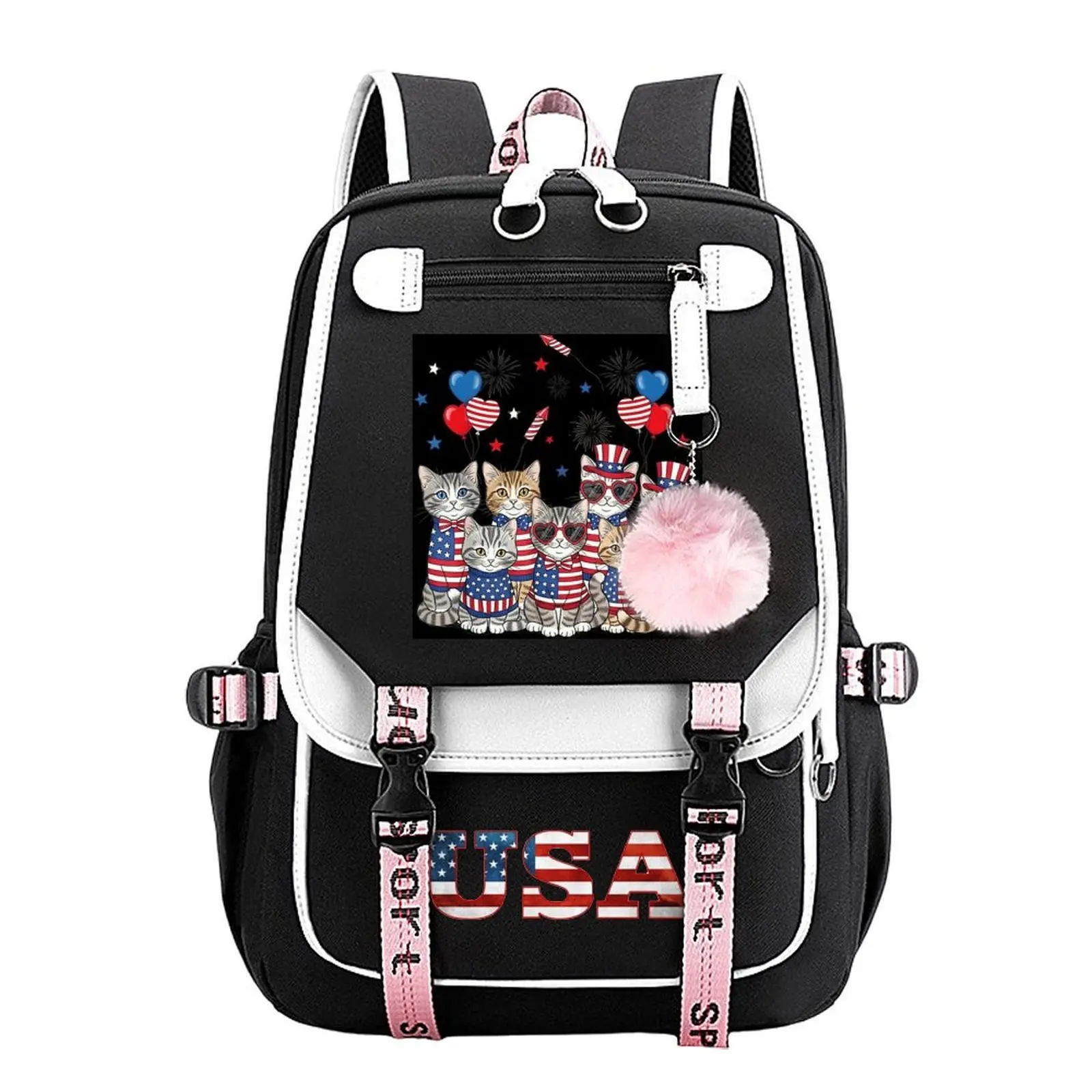 Patriotic Cats American Flag Print Backpack for Boys & Girls, Teen Student School Bag, Large Capacity Backpack,  Water-Resistant Durable Design, Multi-Pocket Organizer, Perfect Birthday & Holiday Gift 11.4” × 18.1”