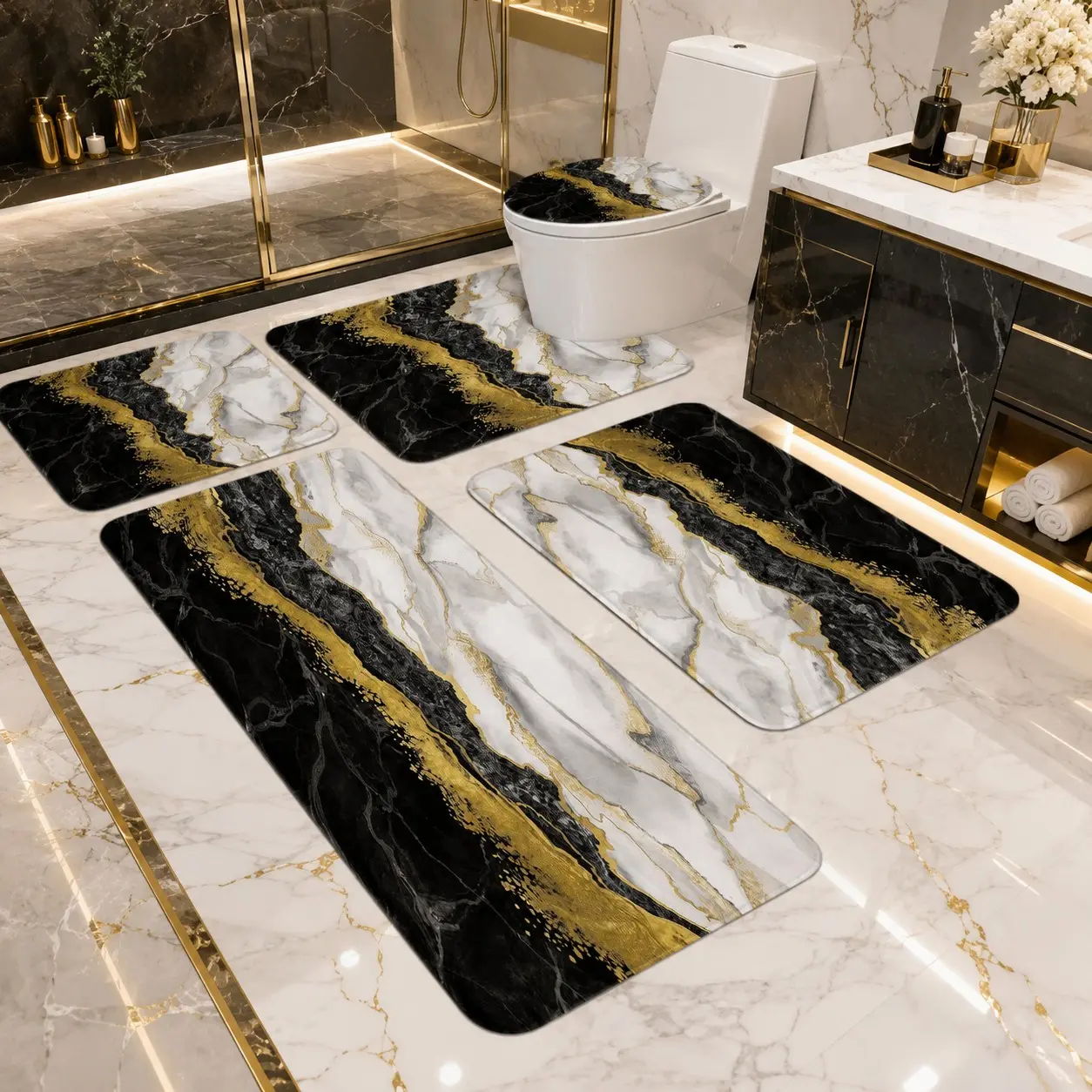 3/5Pcs Black White Gold Marble Bathroom Rug Set, Luxury Abstract Fluid Art Non-Slip Water Absorbent Bathmat, Toilet Lid Cover & U-Shaped Mat, Modern Glam Bathroom Decor for Home Bathroom Mats, Bathroom Rugs Set, Nonslip Bathroom Rugs