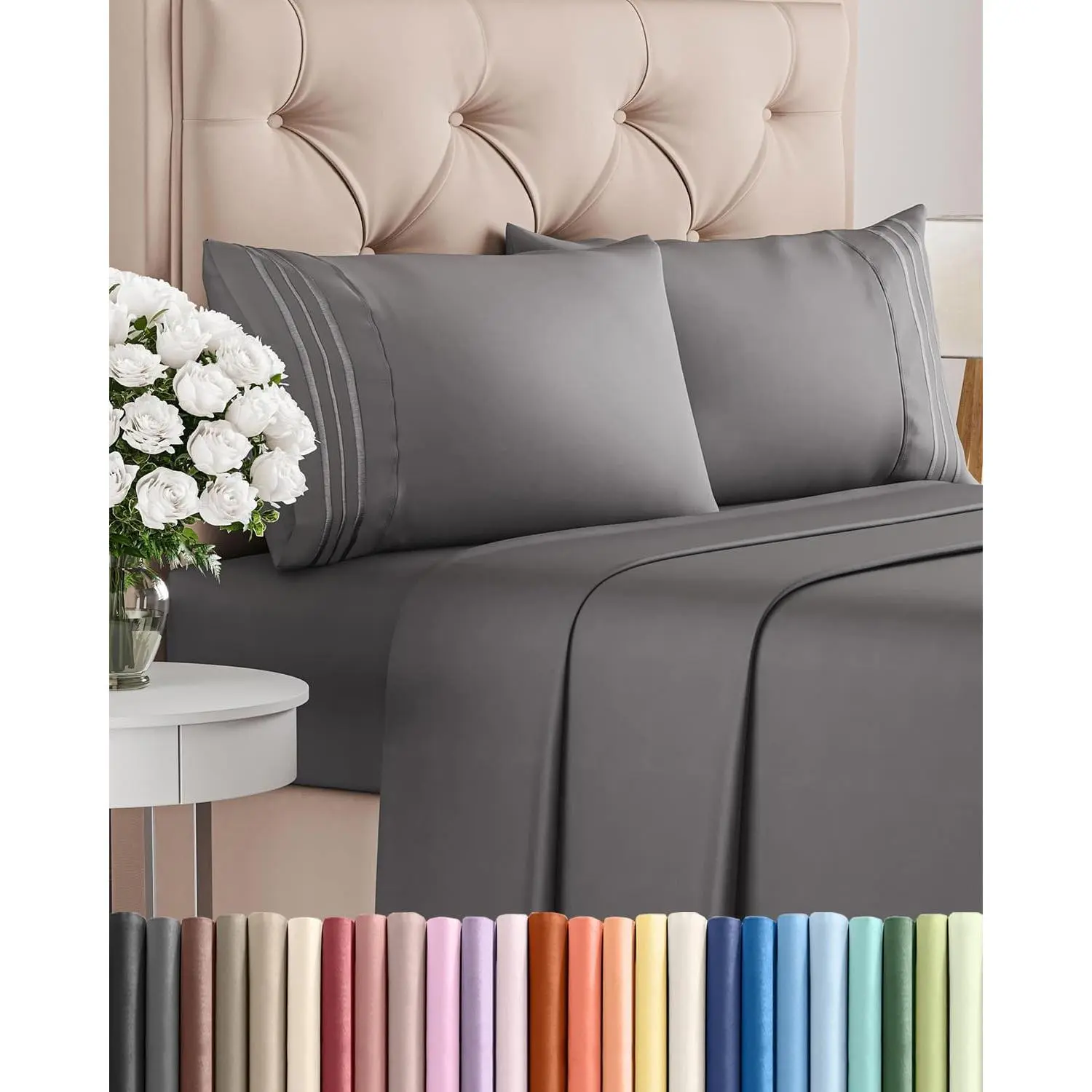 Queen Size 4 Piece Sheet Set - Comfy Breathable & Cooling Sheets - Hotel Luxury Bed Sheets for Women and Men - Deep Pockets, Easy-Fit, Soft and Wrinkle Free Sheets - Dark Grey Oeko-Tex Bed Sheet Set