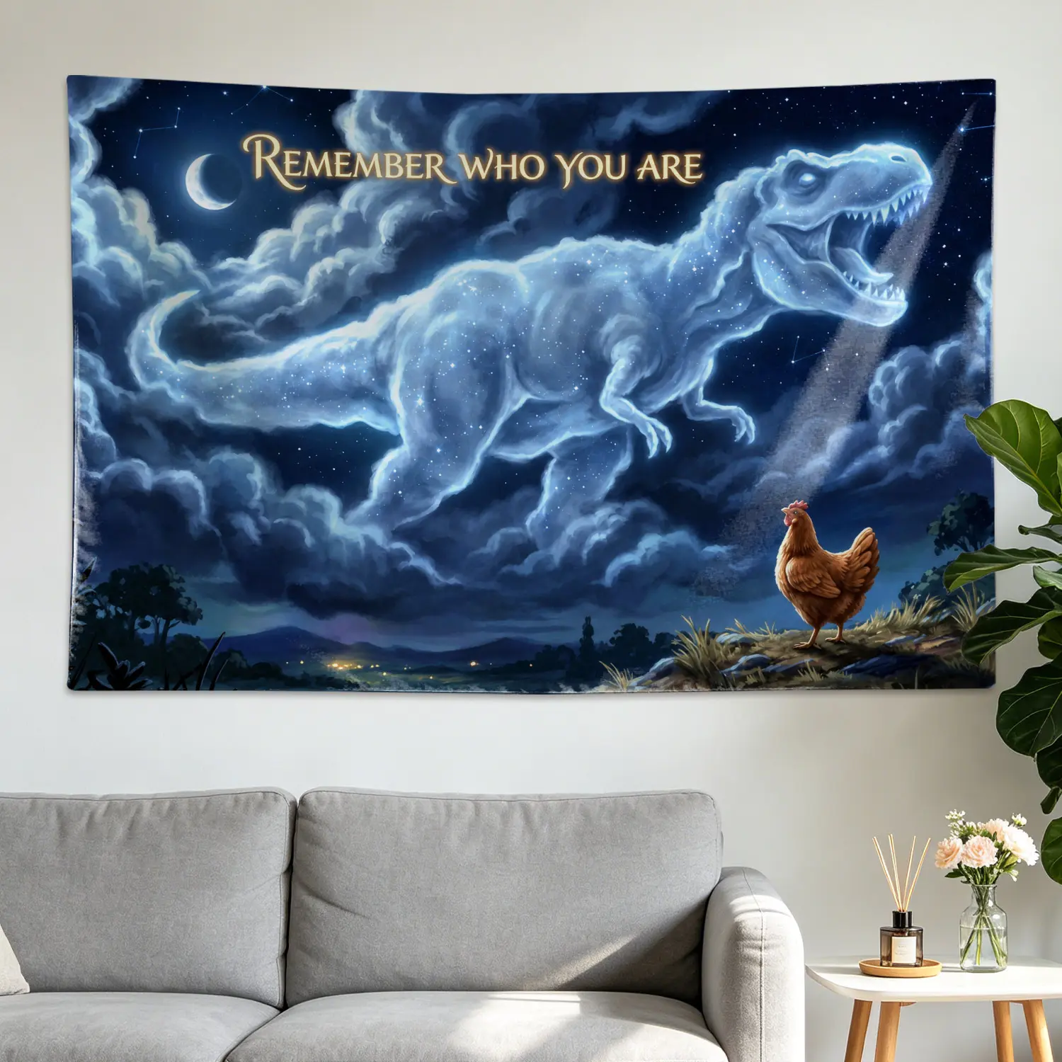Galaxy Dinosaur Chicken Nebula Night Sky Wall Tapestry - Large Horizontal Printed Polyester Colorfast Decor Artwork, No-Installation Room Decor Wall Hanging, Gift Idea for Family