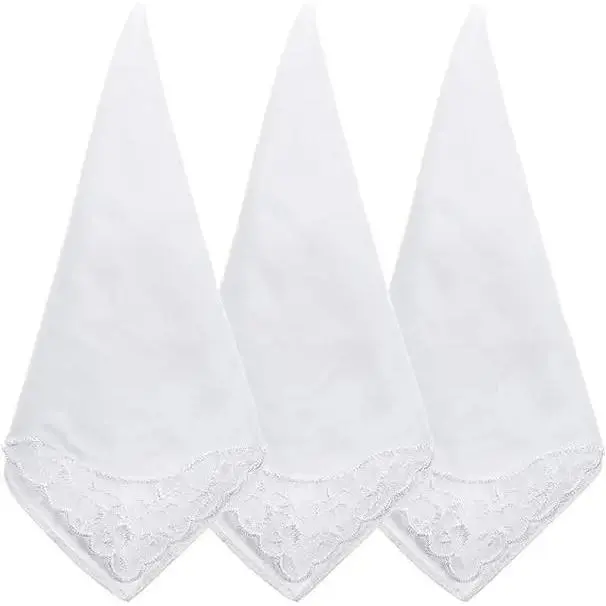 Women's Female Soft Cotton Handkerchiefs, 3-Piece Pure White Square Hankies with Elegant Embroidery Lace, Fashion Accessory