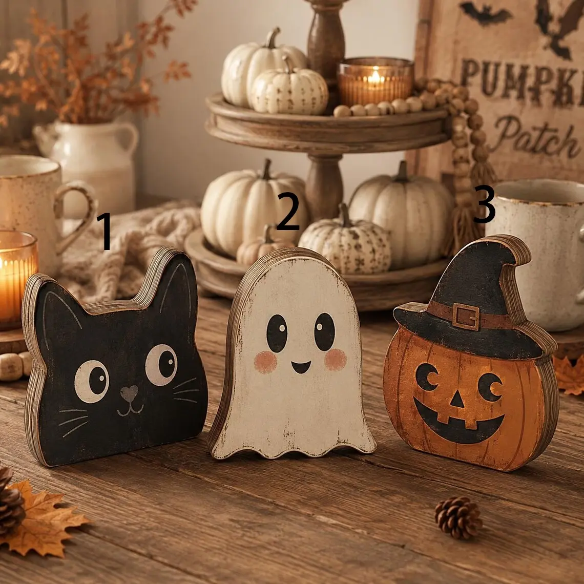 Vintage Wooden Halloween Tabletop Collectible Ornament, Black Cat Ghost Witch Hat Pumpkin Jack O Lantern Tiered Tray Decor, Rustic Standing Desktop Decoration For Farmhouse Mantel Fall Autumn Halloween Indoor Home Table Display