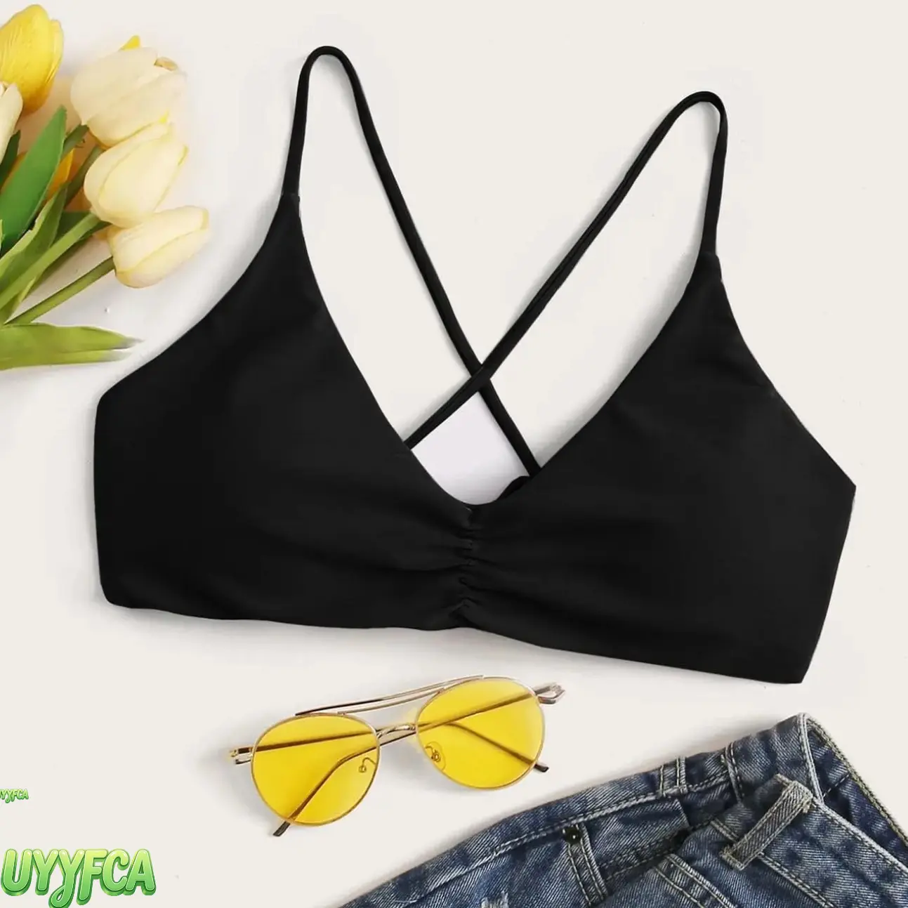 Women's Solid Triangle Bikini Top with Criss-Cross Back and Thin Straps, Quick-Dry Stretch Fabric Swimwear for Beach Vacations, Beach Swimsuit Top, Bikini Swimsuit Outfit, Fitted Swim Top tiktokshopbacktoschool