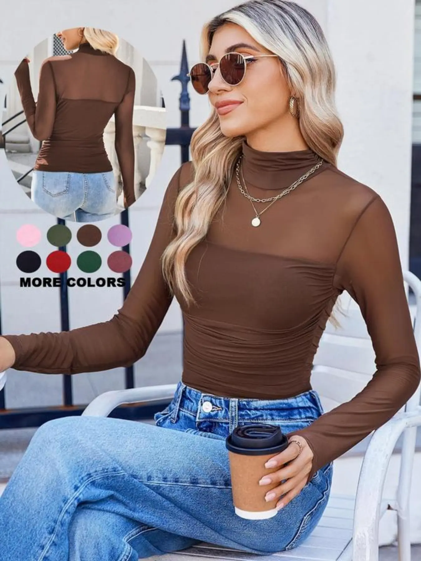 Women's Shimmer Mesh Sheer Long Sleeve Ruched Top, Sexy High Neck, Fashion Versatile Casual Innerwear, Stylish and Comfortable