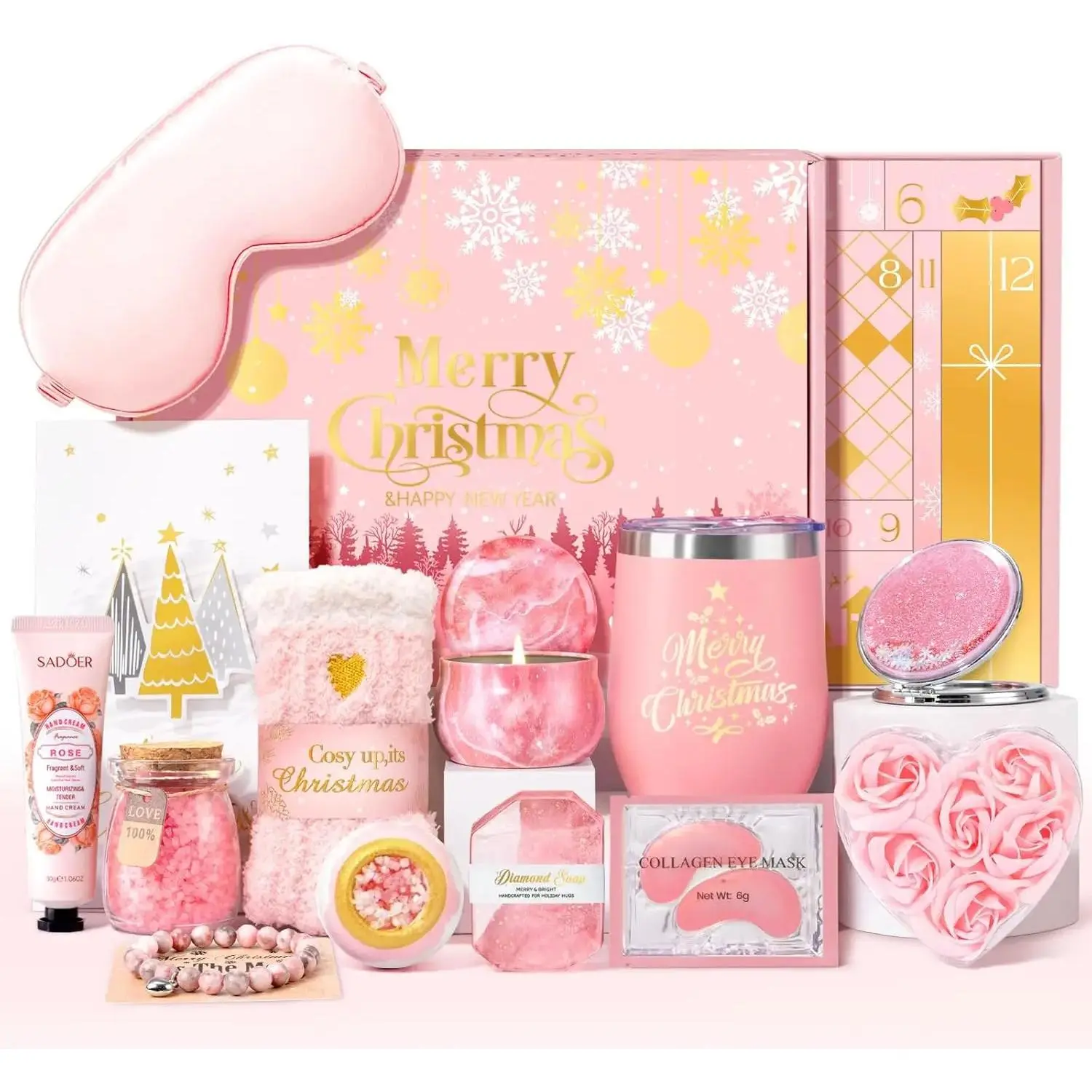 Summer Spring Gift Advent Calendar 2025 Adult Women, 12 Days of Valentine Advent Calendar for Her, Women, Mom, Wife, Teens, Girlfriend, Sister - Unique Pink Spa Gifts Basket Set