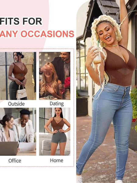 Women's Sheer Mesh Bodysuit High Elastic Breathable Fabric V Neck Full Body Shaping Underwear, Casual All Season Wear, Shapewear