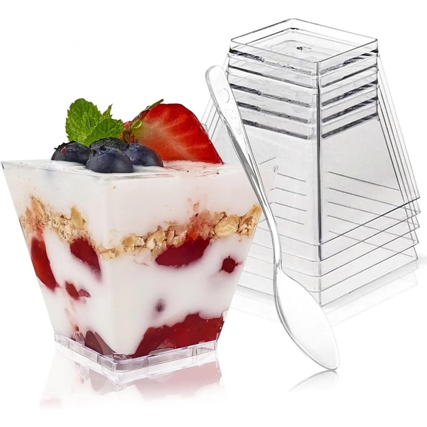 3.5oz Disposable Square Plastic Dessert Cups with Spoons Set Packs, 30 Cups + 30 Spoons Mini Parfait Appetizer Shooter Bowls for Party Tasting