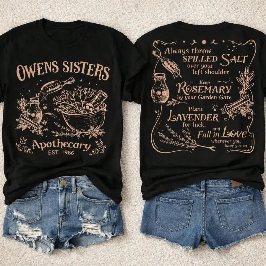 100% Cotton Women Tee, Owens Sisters Apothecary 1986 Witchy Herb Graphic, Everyday Halloween Birthday Gift For Friends Casual Pullover Top