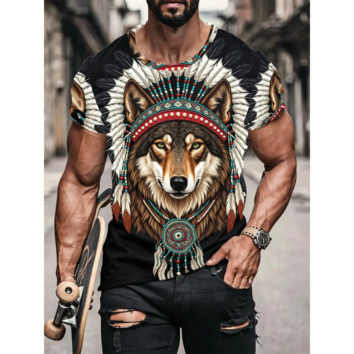 Men's, Wolf With Native American Headdress, 3D Realistic Illustration, Creative And Trendy, Full Print Tee, Loose Fit Round Neck Short Sleeve, Summer