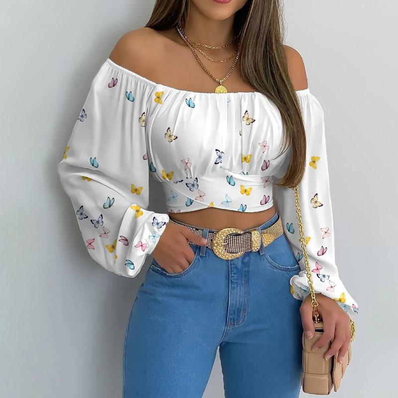 Aria Muse Women Sexy Off Shoulder Blouse Chic and Elegant Printing Lantern Long Sleeve Lace Up Bow Cropped Tops Casual Slim Shirts 2026
