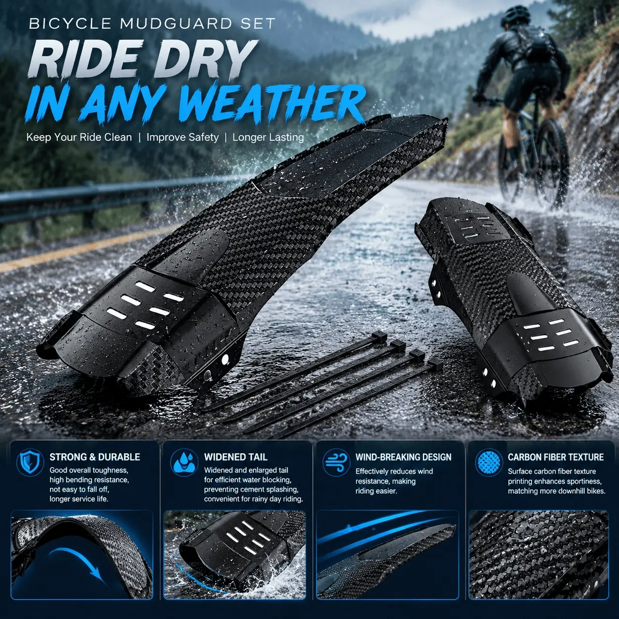 1PC Universal Bicycle Mudguard Set, Front and Rear Wheel Mud Guards Suitable for Road and Mountain Bike Riding, PP, Quick-Release, 70cm, for Blocking Road Spray