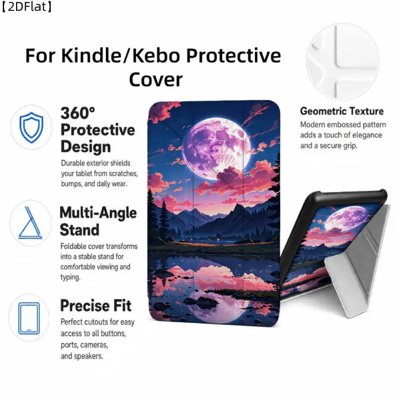 For Kindle/Kobo/Tolino Case, with stand Moonlight Sky Mountain Lake Reflection for New Kindle 11Th 2019, for Kindle 11th Generation Case for Kindle 11Th (2022/2024), 6-Inch, 7-Inch Kindle Paperwhite 12Th Generation 2024 Vision Color (2024) /Vision 6 (2021