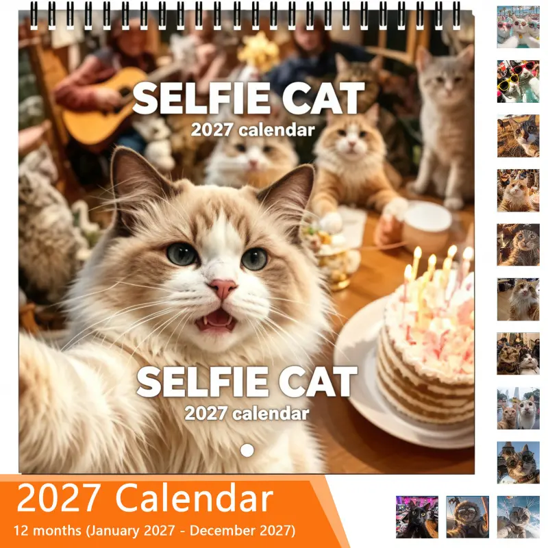2027 Cute Cat Selfie Design Monthly Planner - 12-Month Layout, Suitable for Home and Office, January to December, Each Month's Date Page Includes English Text for Daily Planning, A Desk Calendar Gift for Cat Lovers