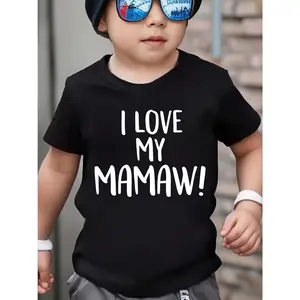 1pc Kids' I Love Mamaw Print Black TShirt, Crew Neck, Casual Cotton Tee, Medium Stretch Knit Fabric, Regular Fit for Boys& Girls Children, Text Pattern, for Mother' S Day, Christmas, Valentine' S Day, Easter