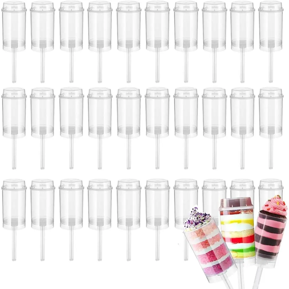 40 Pack Clear Round Shape Cake Push Pop Push-Up Shooter Plastic Containers with Lids Base & Stick