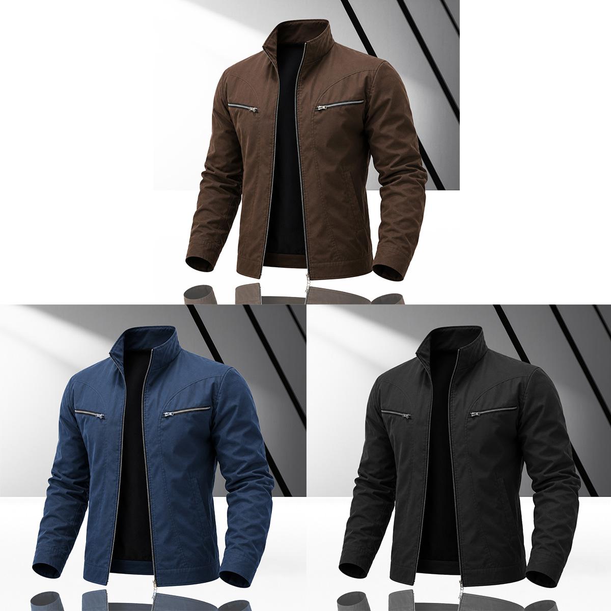 Men’s vintage-style brown work jacket made from durable woven fabric with neat stitching, featuring a classic stand collar and a clean silhouette that enhances a refined look-ideal for dates, office casual wear, and urban strolls.