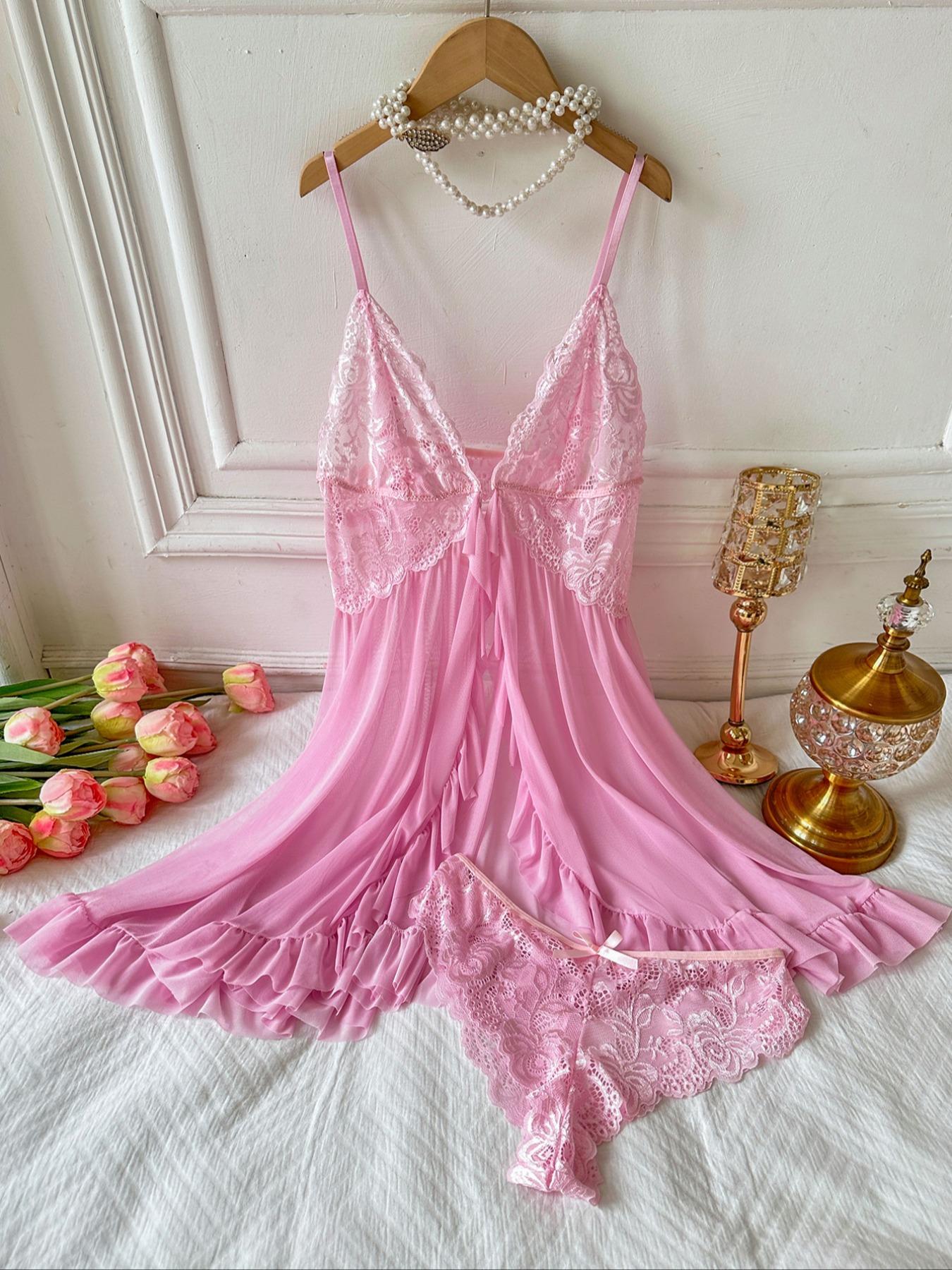 Ladies' Sexy Ruffle Trim Cami Nightdress & Bow Decor Panty Set, Comfortable Playful Floral Lace Sheer Sleepwear Set, Glamour Lingerie Set