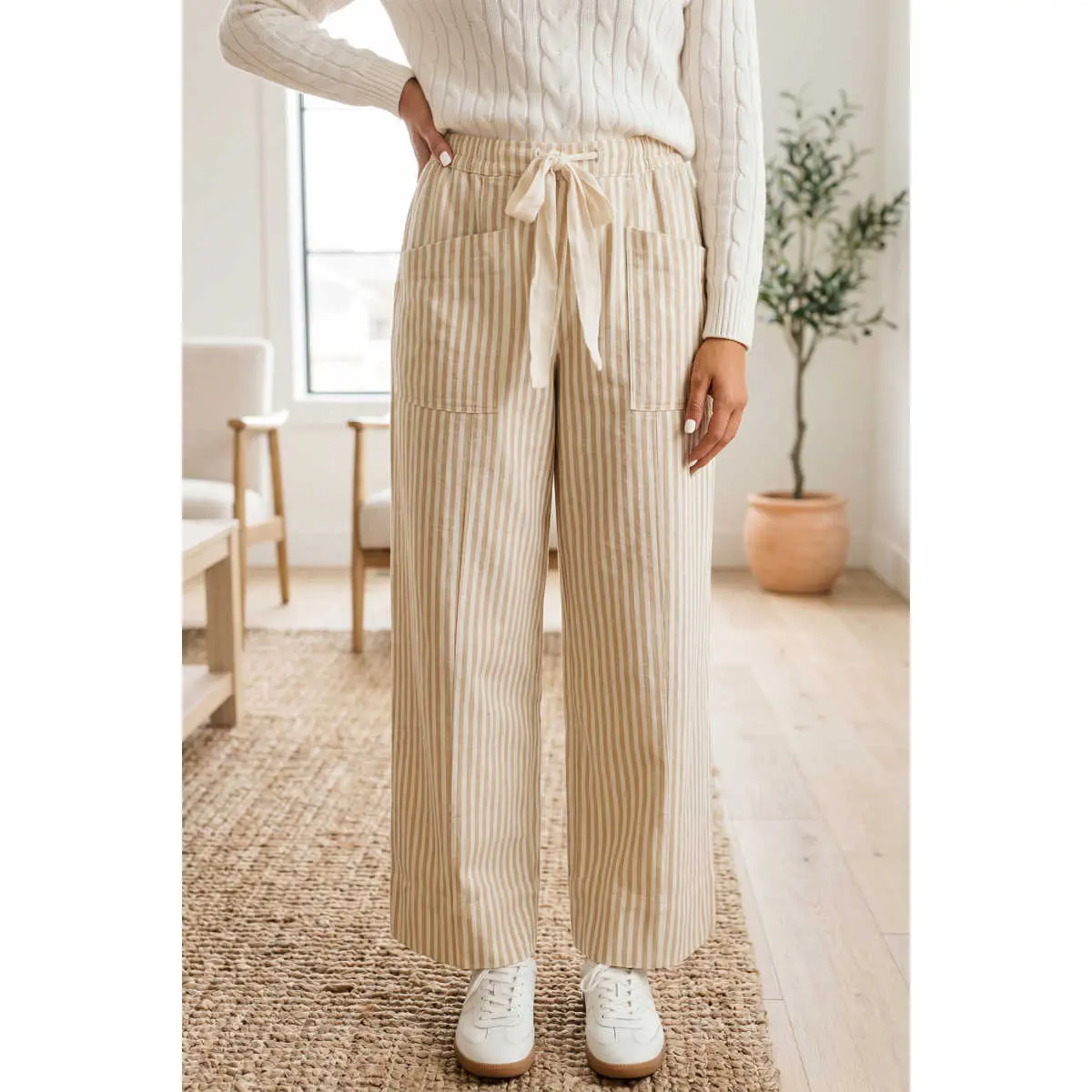 Apricot Stripe Ribbon Drawstring Waist Full-Length Shift Pant