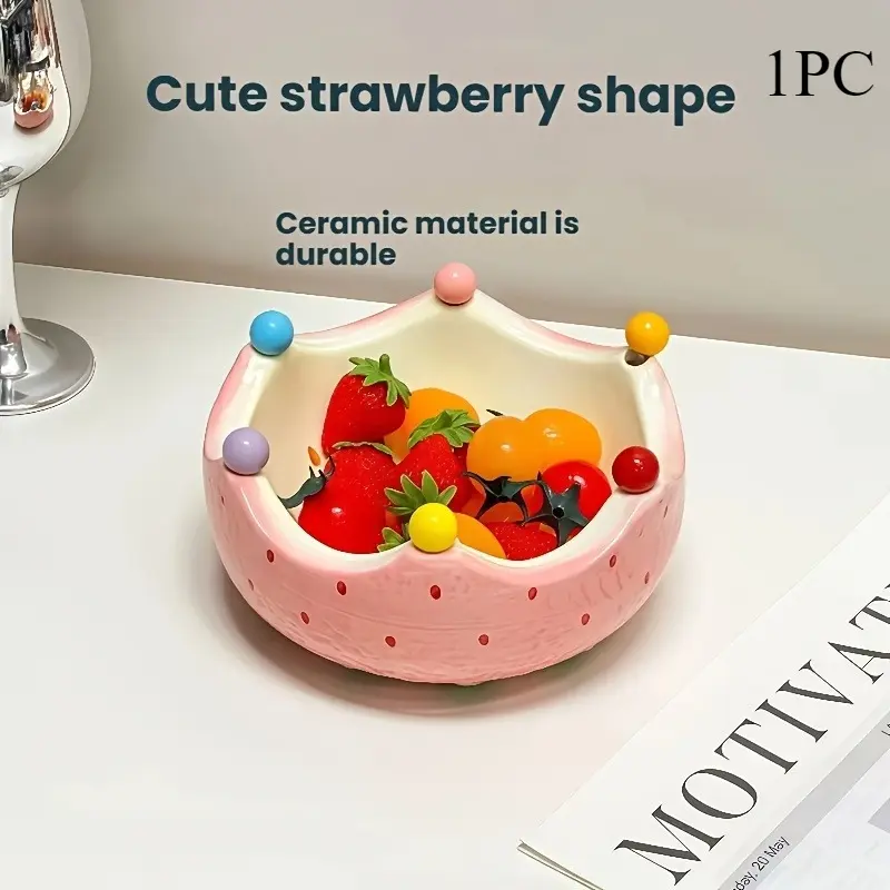 Cute Strawberry Shape Ceramic Fruit Bowl, Desktop Decorative Snack Dessert Serving Bowl, Home Kitchen Food Container, Non-Bone China Tableware
