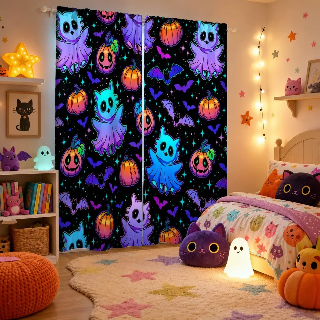 2-piece digital neon Halloween ghost cat pumpkin bat print blackout curtains, pole bag style, fade-resistant, machine washable and hand washable, hookless design, suitable for home decoration in living room, bedroom and study area.