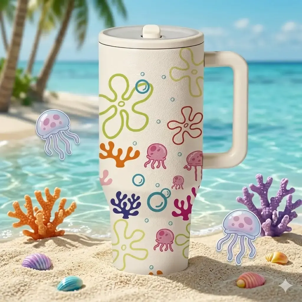 1 Pc 40oz Insulated Mug, Vacuum Insulated Drinkware, Bikini Bottom Inspired Thermal Cup, Ocean Jellyfish Coral Print, Double Wall Vacuum Cup, Leak Proof, Handle And Straw Lid, Keeps Hot 12H Cold 24H, Large Capacity Travel Tumbler, Gift For Women Men