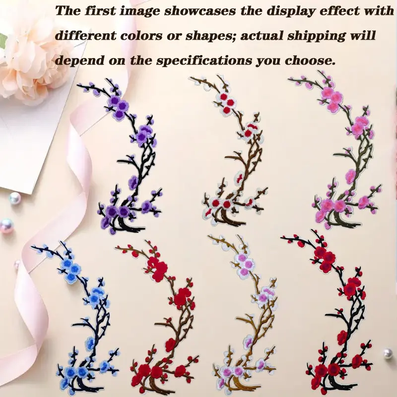 Plum Blossom Embroidery Fabric Patches, Qipao Decoration Heat Transfer Stickers, Set of 2, Unique Floral Design, Fashionable Floral Art