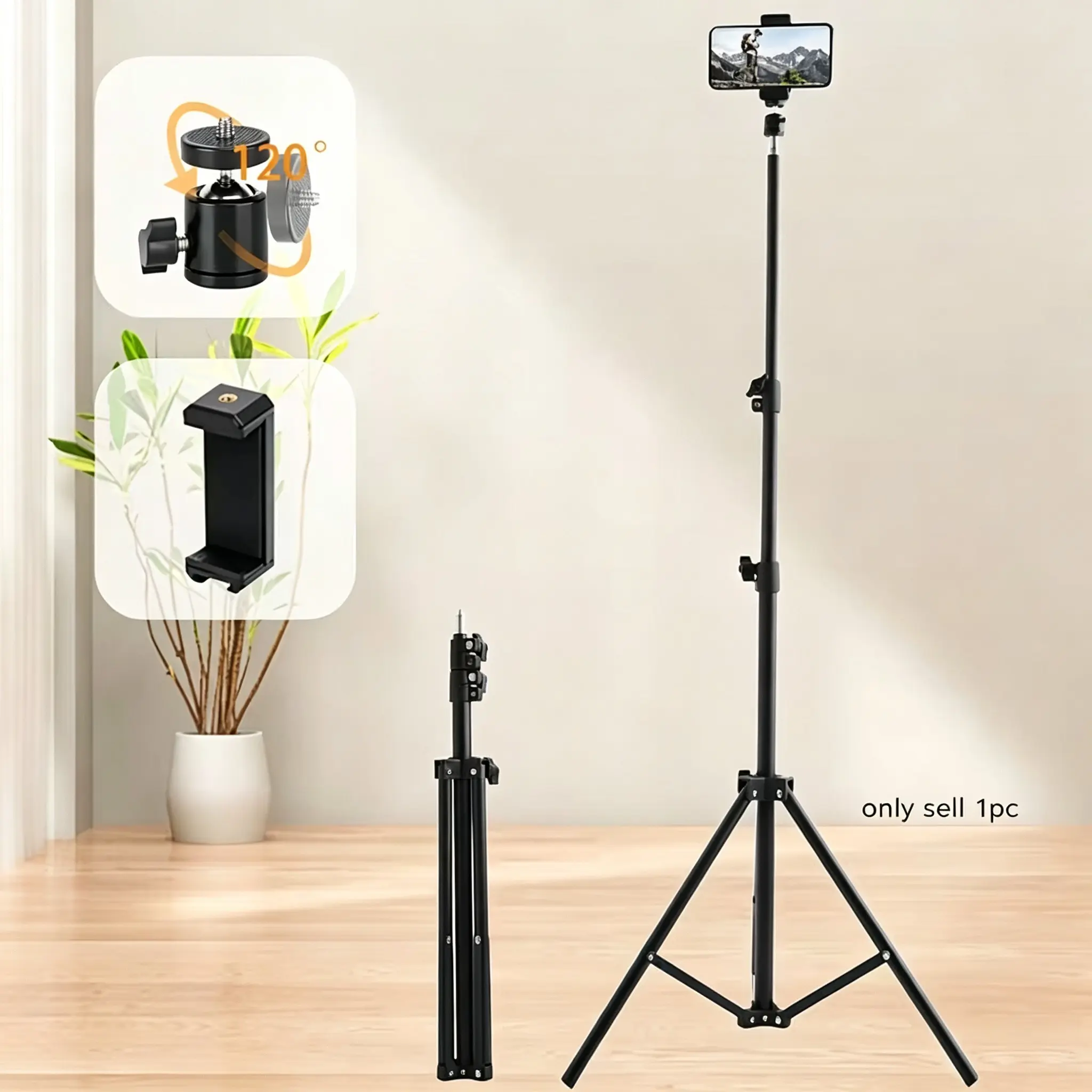 Portable 1.6m Camera Tripod Kit, Adjustable Height, Foldable Design, Stable Base, 360° Ball Head, Phone Holder, for Phones, Dslr, Action Cameras, Height Adjustable Stand