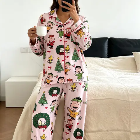 Women's Christmas Themed Pajama Set, Long Sleeve Top & Full-Length Pants, Comfortable Home Wear, Cartoon Pattern, Casual Style