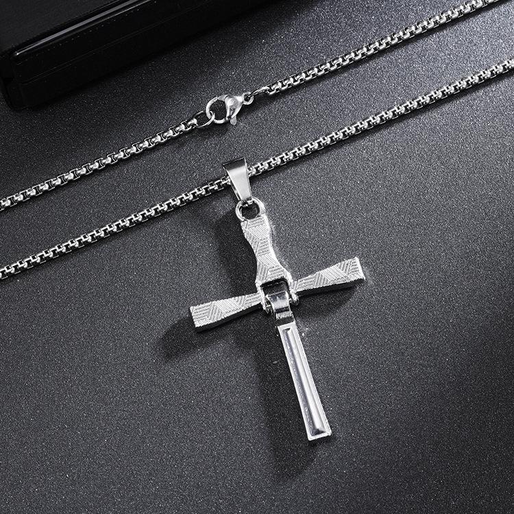 Fashion diamond-studded lock-style men's cross necklace, stainless steel cubic zirconia cross pendant with chain, hip-hop street style jewelry - inspirational pendant for motivation, religious charm gift for him