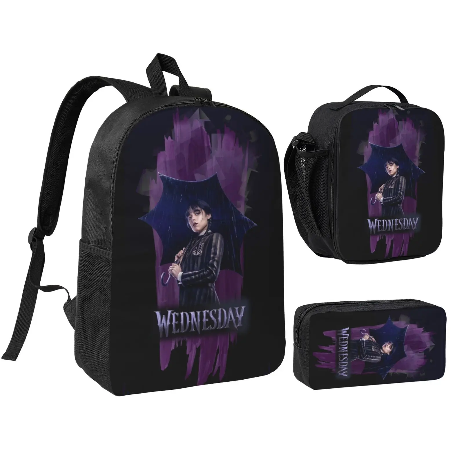 Anime Wednesday4 Kids School Bag Set, Teen Boys Girls Backpack with Adjustable Shoulder Straps, Multipurpose Bookbag with Lunch Box Pencil Bag for School Travel Office Daily Use
