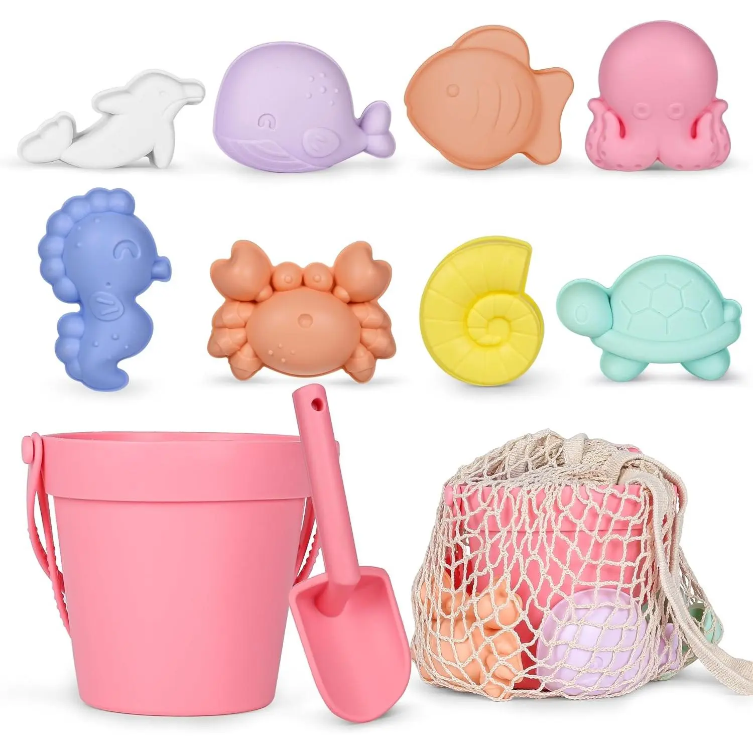 11Pcs Silicone Beach Toys,Modern Baby Beach Toys,Travel Friendly Beach Set,Eco Friendly Toy,Silicone Bucket, Shovel, 8 Sand Molds, Beach Bag,Silicone Sand Toys for Toddlers, Kids (Peach Pink)