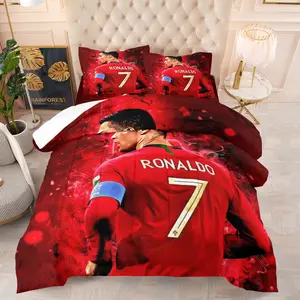 Portugal Ronaldo 7 Soccer Star Comforter Bedding Set, 1 Comforter + 1/2 Pillowcases, Red Sports Print Quilt Set, Warm Breathable Passionate Nostalgic Collectible Gift Decor for Teen Boys & Football Lovers