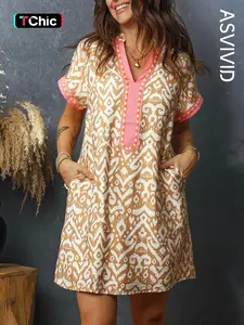 Women's Casual Western Fashion Print Striped Colorblock Patchwork Mini Dress, Short Sleeve Pockets Design, Fashionable Summer Wear