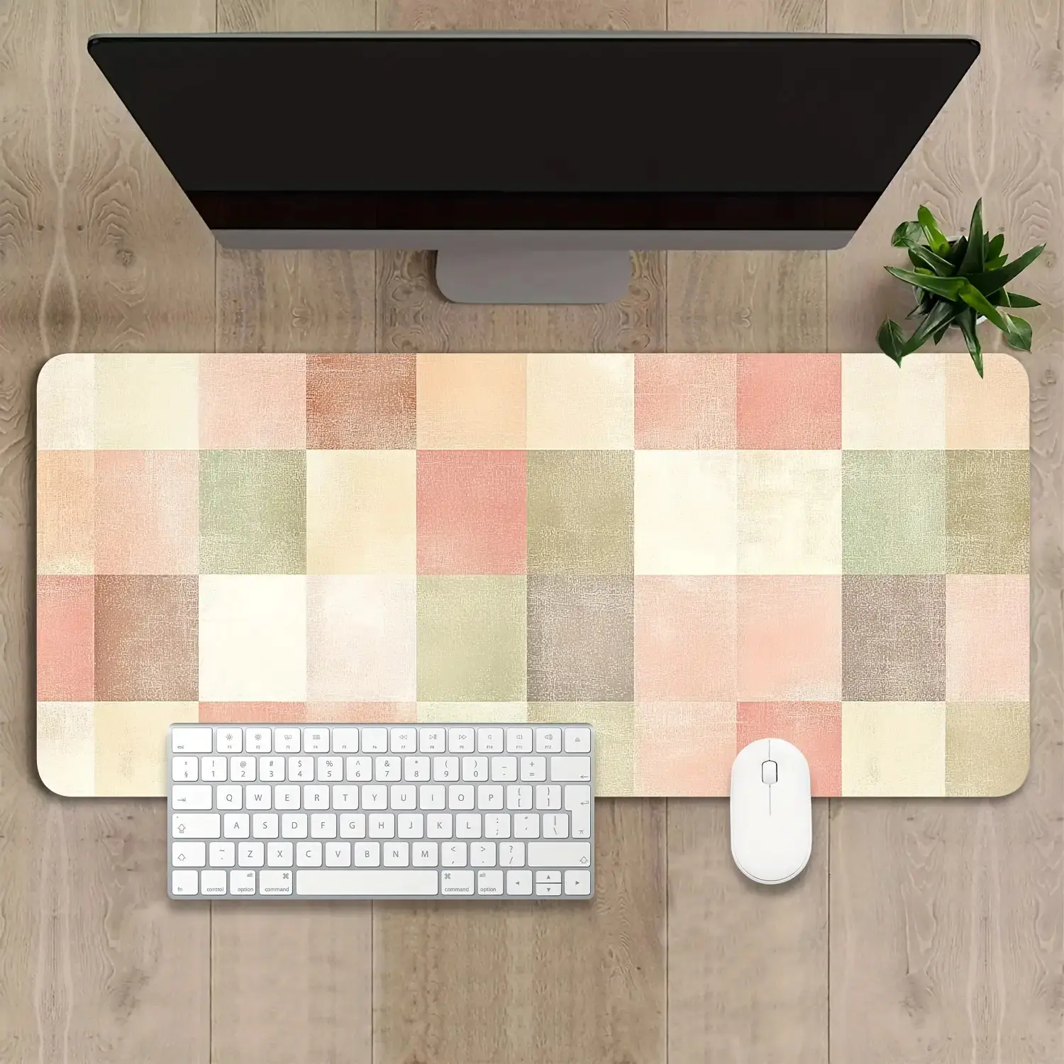 Extra-large checkered desk mat - non-slip rubber gaming mouse pad and office keyboard mat, trendy checkered pattern, available in pink, green, beige, and white, an ideal gift for teenagers and loved ones, computer desk mat