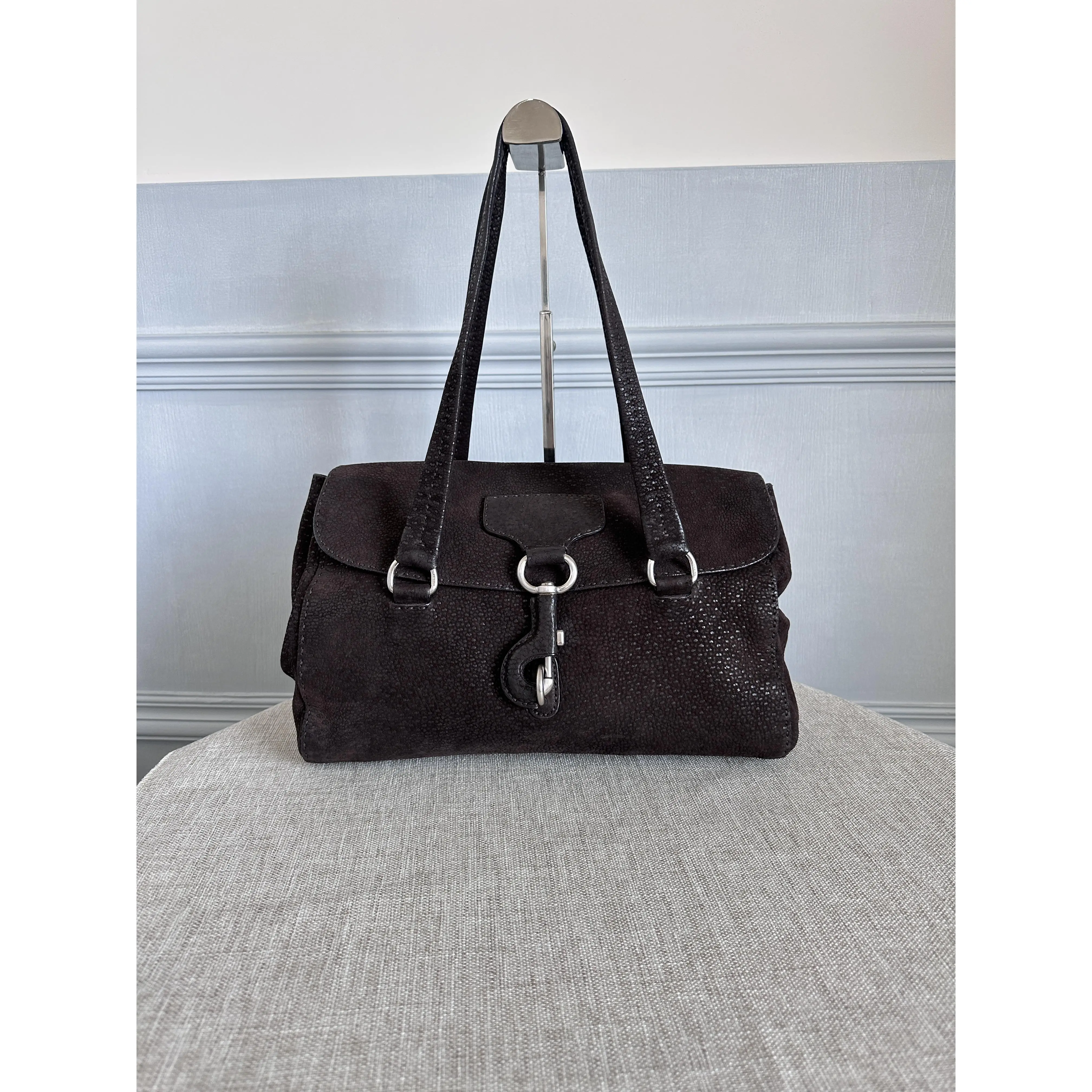 Pre-owned PRADA Dark Brown Shimmer Exotic Leather Shoulder Bag