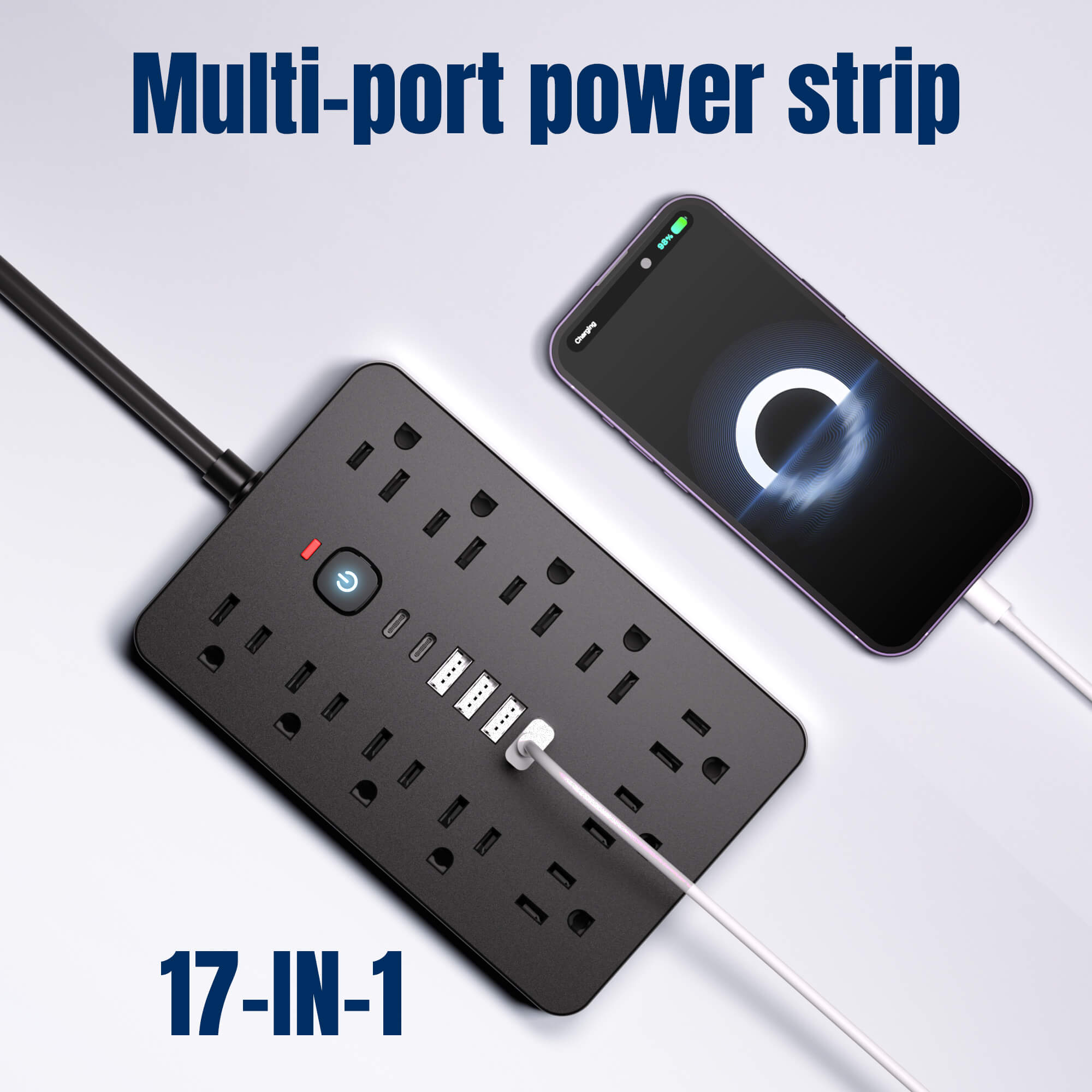 17 In 1 Surge Protector Power Strip, Wall Mounted Compact Desktop Charging Station With 11 AC Outlets, USB & Type-C Ports, Suitable for Home, Office and Travel