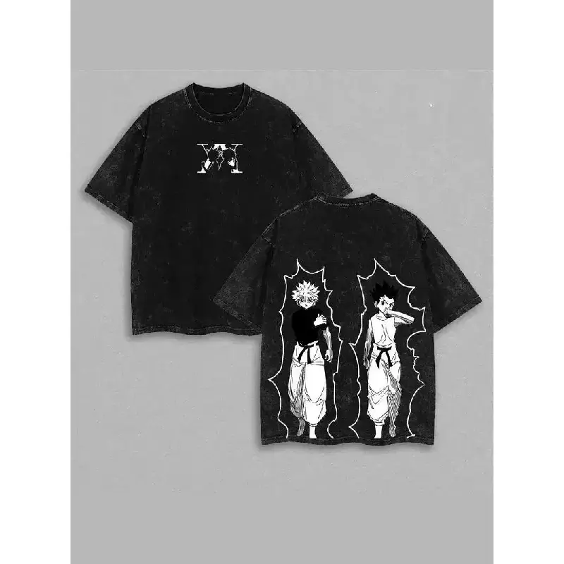 Men's Round Neck Short-Sleeve Washed Cotton T-Shirt - Casual Distressed Anime Hunter X Hunter Gon Killua Graphic Top, Retro Harajuku Festive Menswear