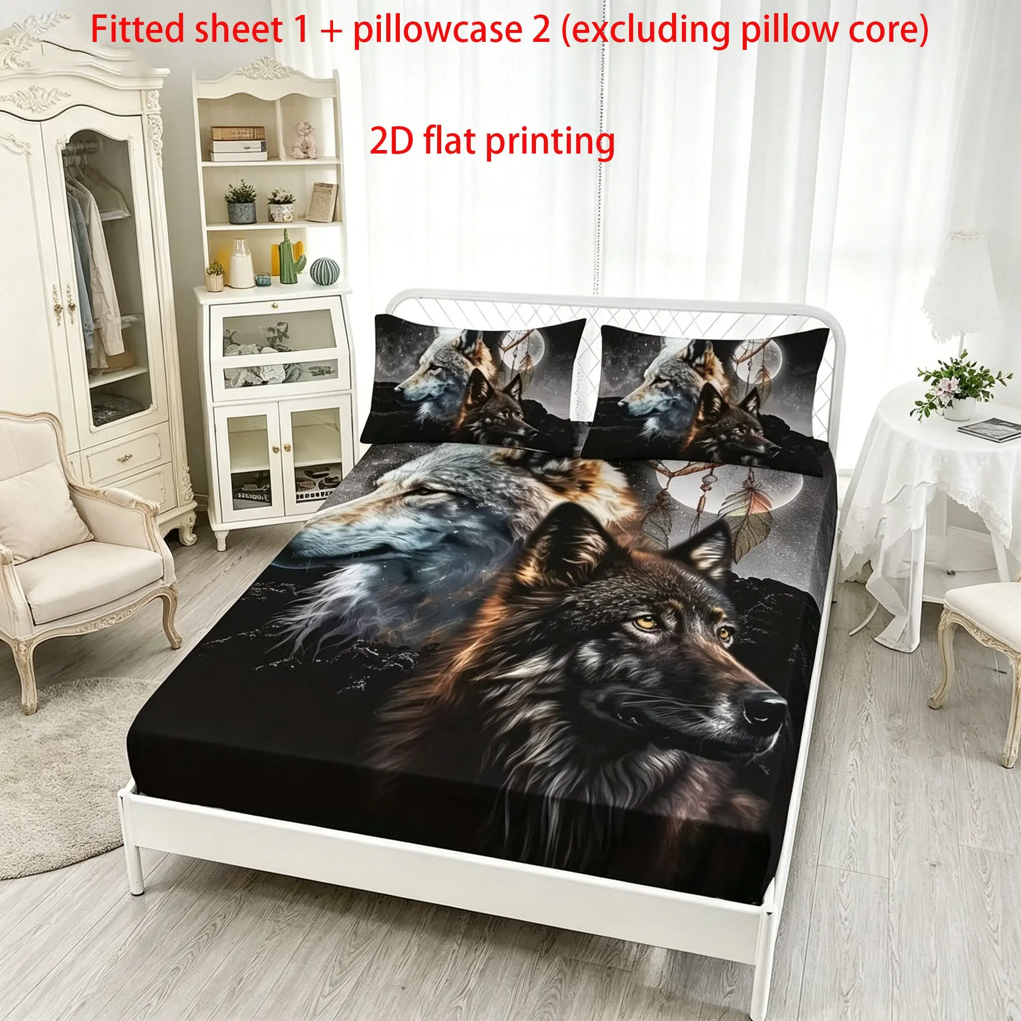 3PCS Night Double Wolf Catching Dream Net Pattern Printed Bed Sheet Three Piece Set, Theme Bedding Set, 100% polyester - Bedding Sheets suitable for all seasons, ideal for bedroom, dormitory, hotel decoration Bedding Sets