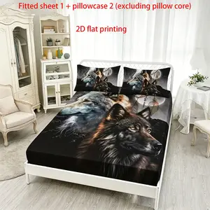 3PCS Night Double Wolf Catching Dream Net Pattern Printed Bed Sheet Three Piece Set, Theme Bedding Set, 100% polyester - suitable for all seasons, ideal for bedroom, dormitory, hotel decoration Bedding Sets