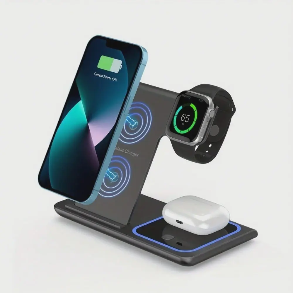 Three-In-One Charging Station, Compatible with iPhone 16e/16/15/14/13/12/11/x Pro Max, Wireless Charging for 4/3 Pro